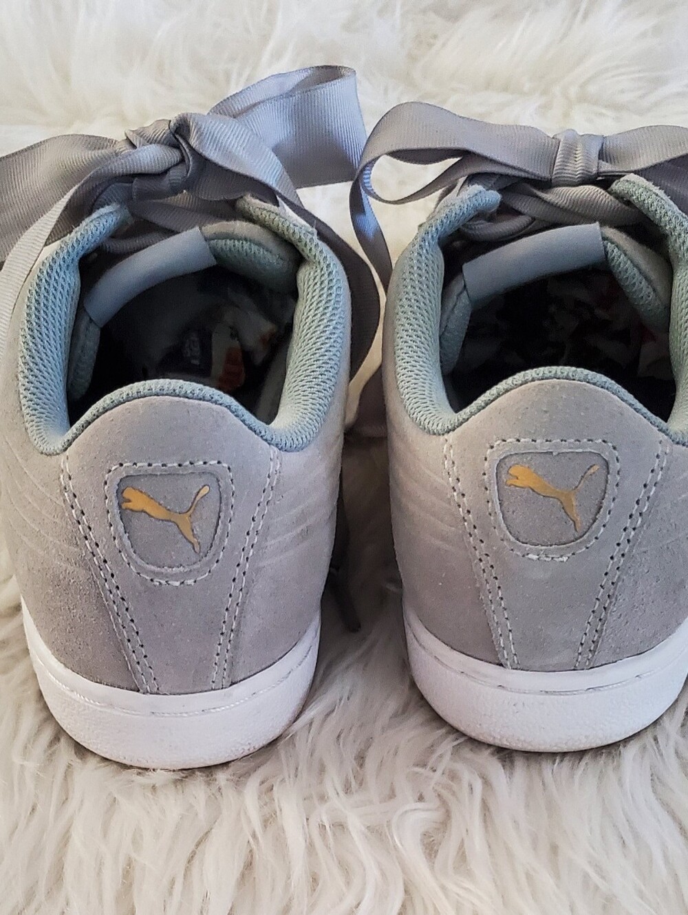 PUMA Vikky Ribbon Suede Sneakers Gray Satin Lace SoftFoam+ Women's Size 10 - Picture 9 of 11